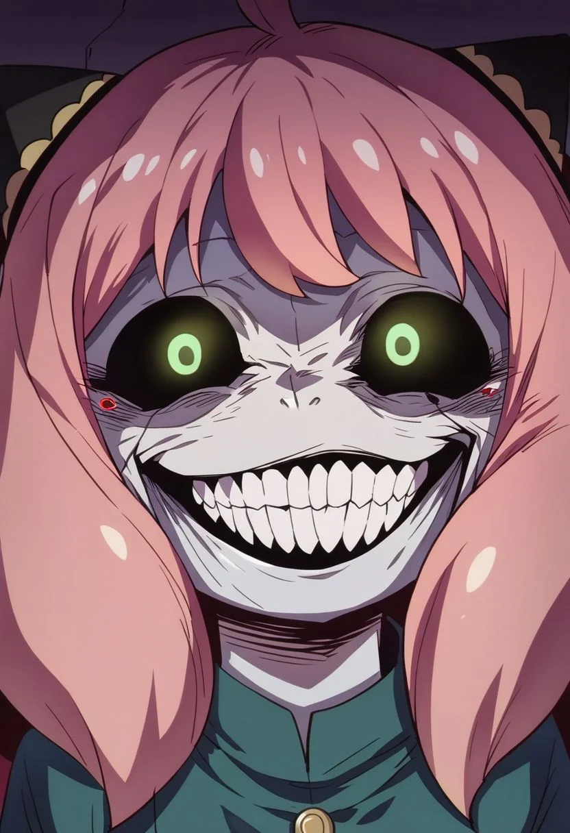 score_9, score_8_up,score_7_up,score_6_up, (Anya,bangs, green eyes, pink hair, female child, anya (spy x family),hairpods, child, dress), solgo, sharp teeth, evil grin, black sclera, glowing eyes,, source_anime, 1girl,
solgo, sharp teeth, evil grin, black sclera, glowing eyes,
<lora:Solgo-grin-v1-potat:0.8>