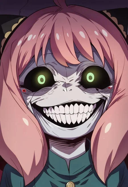 score_9, score_8_up,score_7_up,score_6_up, (Anya,bangs, green eyes, pink hair, female child, anya (spy x family),hairpods, child, dress), solgo, sharp teeth, evil grin, black sclera, glowing eyes,, source_anime, 1girl,
solgo, sharp teeth, evil grin, black sclera, glowing eyes,
<lora:Solgo-grin-v1-potat:0.8>