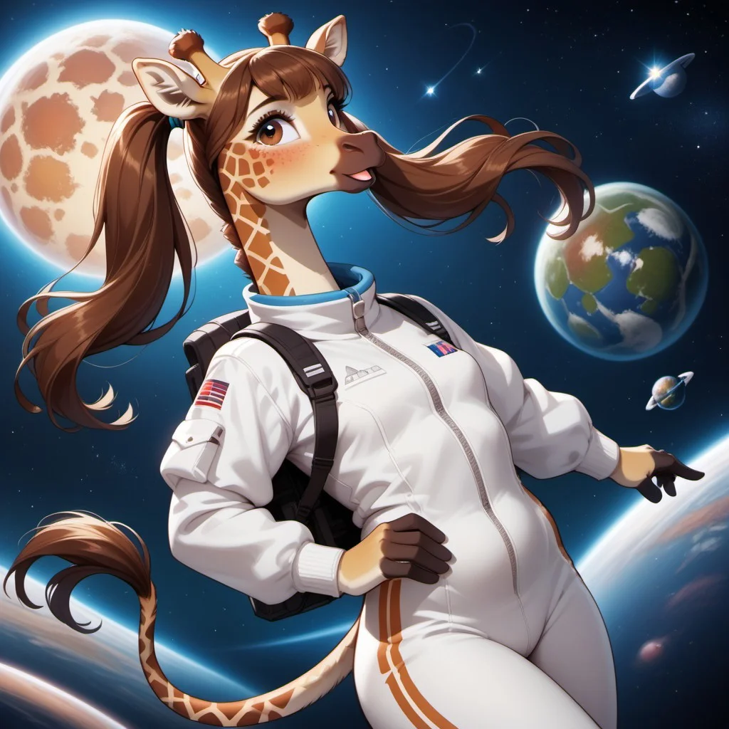 vivid fantasy colors, digital art, Score_9, score_8_up, score_8_up, M4dd13G1r4ff3, anthro giraffe, twintails, space suit, pants, floating in space, stars, planets,