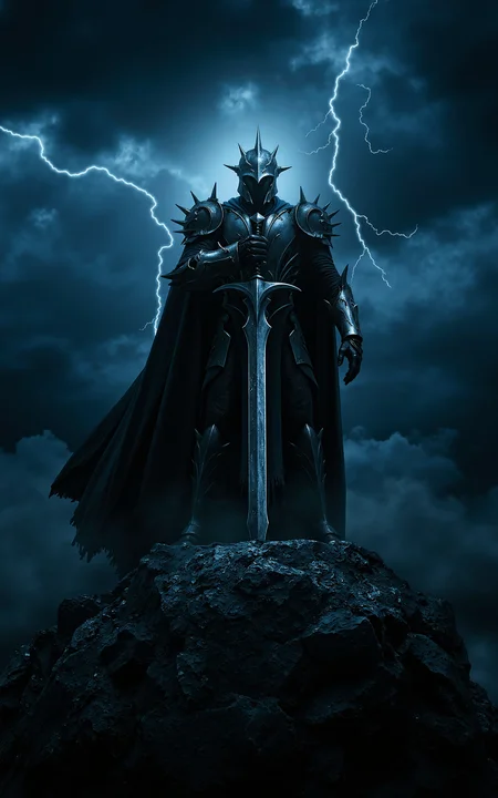 A stormy mountain summit where a fierce warrior stands,holding a sword embedded in the rocky ground. Dark clouds rage above,with arcs of lightning flashing across the sky,casting light over his heavily armored figure. The warriorâs expression is stern,and magical energy crackles around him,hinting at an unseen power. The composition is dramatic,blending epic fantasy with a magical atmosphere.,
<lora:klordoftherings-01:0.8>,klordoftherings,