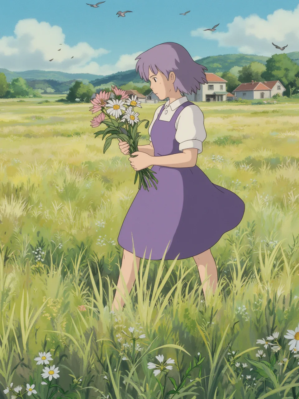 A young woman with lavender hair and a flowing purple dress is walking through a field of tall grasses. She has a peaceful expression as she picks flowers and arranges them into a bouquet. The scene is set in a countryside village, with the light of early afternoon creating long shadows on the ground. Birds fly above, and the air is fresh.