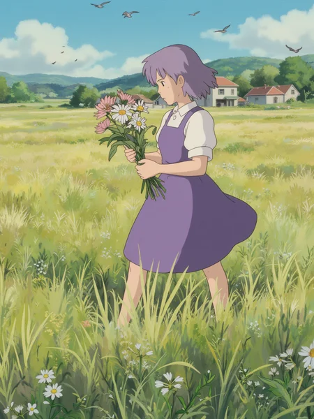 A young woman with lavender hair and a flowing purple dress is walking through a field of tall grasses. She has a peaceful expression as she picks flowers and arranges them into a bouquet. The scene is set in a countryside village, with the light of early afternoon creating long shadows on the ground. Birds fly above, and the air is fresh.
