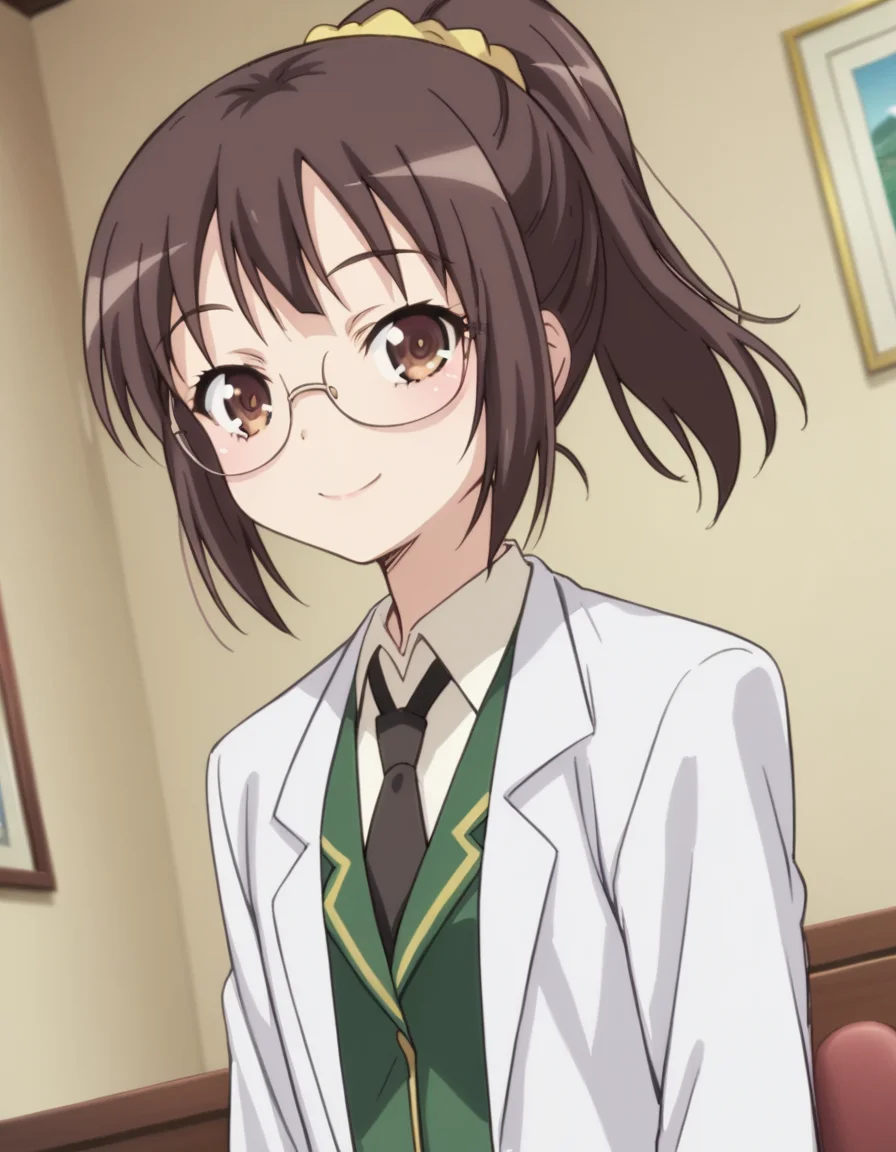 score_9, score_8_up, score_7_up, source_anime, <lora:rika-shiguma-s2-ponyxl-lora-nochekaiser:1>, rika shiguma, brown hair, brown eyes, ponytail, glasses, scrunchie, yellow scrunchie,, school uniform, necktie, labcoat,, indoors, smile, looking at viewer, solo,, cowboy shot, dutch angle