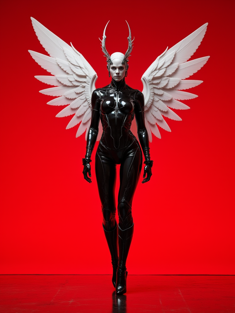 w1z_m4ch1n4. A viking valkyrie cyborg robot woman, with large white wings, and a black carbon fiber body. Standing in a dynamic pose, in an empty studio in intense and deep red. High gloss details, reflecting the light, with soft matte accents and details. Intense red colored background and floor.
