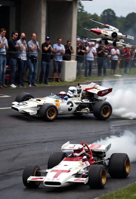 a storm trooper drifting a formula 1 X-wing seen from the side as it passes the onlookers