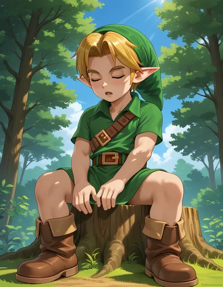 score_9, score_8_up, score_7_up, source_anime,perfect face, detailed, intricate details, highres, absurdres
BREAK
YLink, 1boy,child, solo,sitting on stump,looking down,sleeping,closed eyes, thighs,green hat, blonde hair, pointy ears, green tunic, brown belt, brown boots,open mouth,
forest,sunshine, blue sky, clouds, nature
BREAK
<lora:Young_Link_The_Legend_of_Zelda:1> , <lora:add-detail-xl :1>