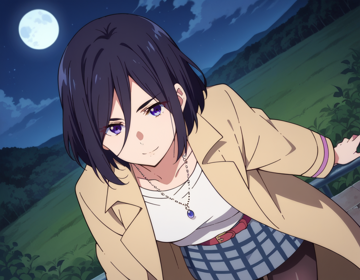 score_9, score_8_up, score_7_up, source_anime,
izuminase, <lora:izumi-nase-s1-ponyxl-lora-nochekaiser:1>,
izumi nase, short hair, black hair, purple eyes,
skirt, shirt, jewelry, open clothes, belt, necklace, coat, black pantyhose, open coat,
outdoors, landscape, night, moon, bent over, smile,
looking at viewer, cowboy shot, dutch angle, solo,