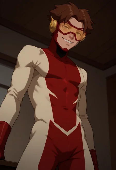 score_9, score_8_up, score_7_up, highly detailed, cute boy, 1boy, solo, Impulseyj, red framed goggles yellow lenz, red and white bodysuit, brown hair, smug smile, from below, looking down at viewer,