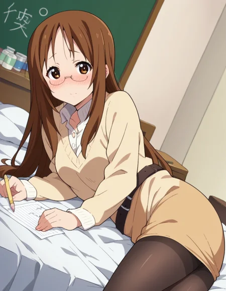 score_9, score_8_up, score_7_up, source_anime,
sawakoyamanaka, <lora:sawako-yyamanaka-s2-ponyxl-lora-nochekaiser:1>,
sawako yamanaka, brown eyes, brown hair, glasses, long hair,
belt, official style, pantyhose, teacher, dress, light brown dress, skirt, pencil skirt,
indoors, bed, bed room, on side, blush, drunk,
looking at viewer, dutch angle, cowboy shot,