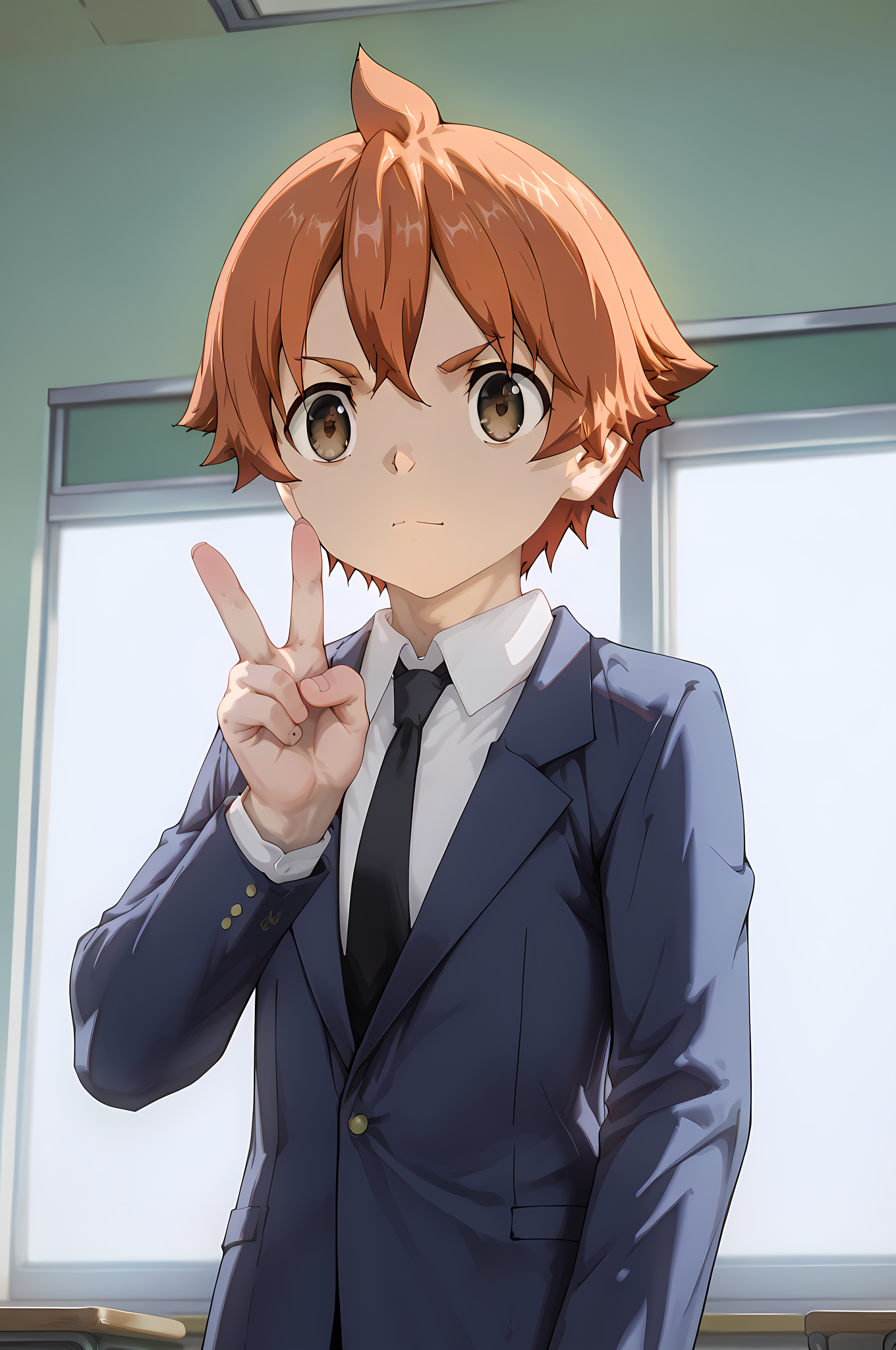 Score_9, Score_8_up, score_7_up, score_6_up,
masterpiece, best quality, amazing quality, high resolution, ultra-detailed, shiny skin, countershading, highest detailed, uncensored, saturated, vibrant, dramatic lighting, rim lighting, depth of field, 
BREAK, sonohara_hinata, orange Hair, brown eyes, school uniform, necktie
dynamic pose, Dutch angle, 1boy, solo, male focus, perfect hand, looking at viewer, V, extremely detailed eyes, beautiful eyes, perfect eyes, soles, classroom, table, perspective,
BREAK, detailed eyes, detailed hair, masterpiece, best quality, amazing quality, very aesthetic, high resolution, ultra-detailed, simple background,
 <lora:Sunohara_Hinata_-_PXDL-000010:1>