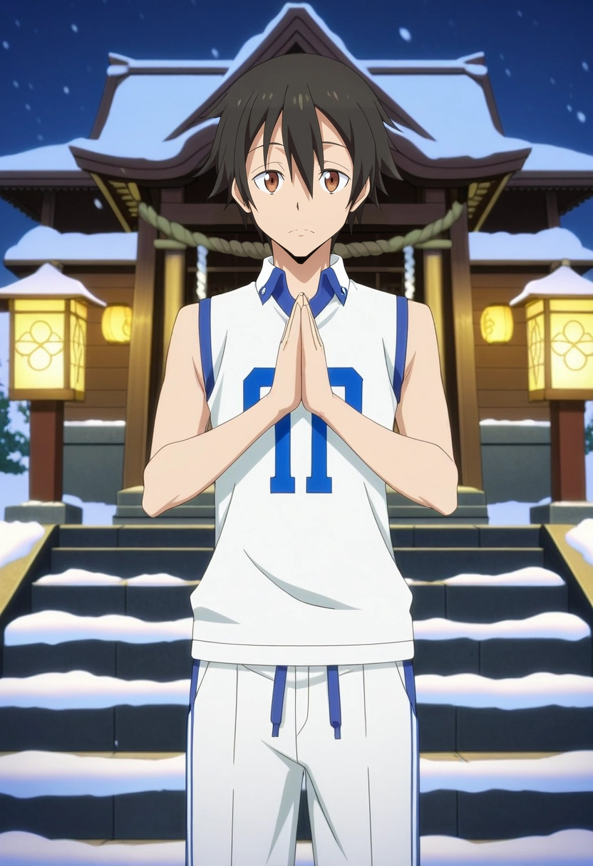 masterpiece, best quality, , anime screencap, anime coloring, official style, looking at viewer, 1boy, solo, male focus, <lora:yuuki_kagurazaka_ilxl:1>, yuuki_kagurazaka, black hair, brown eyes, short hair, hair between eyes, white shite, collared shirt, blue ribbon, white pants, winter shrine, snow drifts, ice lanterns, stone steps, praying pose, reverent expression, dawn, Track shorts, Azure Denim Sleeveless basketball jersey, , ,