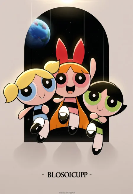 3girls, looking at viewer, smiling, happy, sharp contrast BREAK buttercup \(ppg\), black hair, green eyes, simple background, smile, striped clothes, white pantyhose, looking at viewer, full body, short hair, BREAK, blossom \(ppg\),  open mouth, smile, long hair, pantyhose, full body, chibi, blonde hair, hair bow, black footwear, BREAK, bubbles \(ppg\) , smile, open mouth, solo, twintails, blue eyes, black footwear, pantyhose, looking at viewer, short twintails, closed mouth, striped clothes, white pantyhose BREAK, planet, space, masterpiece,best quality,amazing quality,very aesthetic,absurdres,(volumetric lighting)