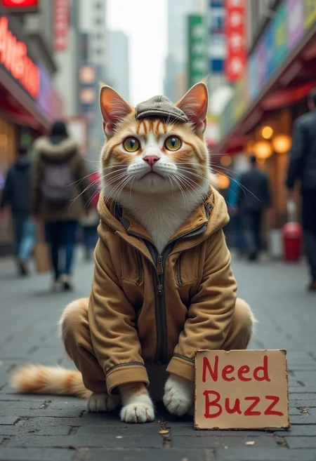 photo realistic,  a poor MaineCoon cat, Nana_hk, dressed like a human, sitting on the bustling streets with a hopeful yet melancholy expression. Nana_hk wears a small, tattered jacket and a tiny cap, Surrounding her are busy pedestrians and colorful storefronts, contrasting her solitary figure. A small cardboard sign beside her reads “Need BuZZ,” capturing the essence of her plea.