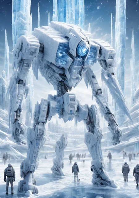 ultra-high precision detail,8k,<lora:ç§å¹»-éªåé»çº¢sdxl:0.6>,ice,snow,the surface of this distant planet is covered with white ice,for tens of thousands of years as the temperature drops,(GUNDAM:1.1),huge artificial urban structure stuck in ice,equipment and machinery in the city have long ceased to function,only the ice-locked form stands on the ice sheet,like a predatory monster,it shows the outline of its bones,(Masterpiece, high quality, best quality, official art, beauty and aesthetics:1.2),robot joints,Explore this Midjourney style in,