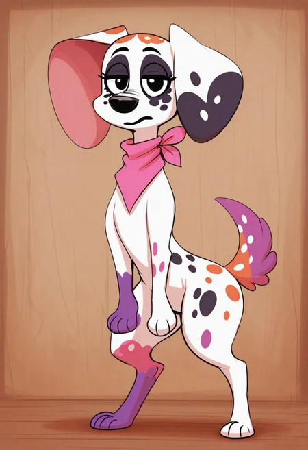 sunib3, SB, SB, masterpiece, best quality, amazing quality, Da_vinci, Solo, 1girl, feral, dog, dalmatian, white fur, pink paw, purple paw, snout, black nose, black spots, colored spots, colored paws, colored tail, thin tail, large ears, black eyes, black nose, pink bandana, full body, looking at viewer, standing, front view, from the front, detailed, from the front, frontal,