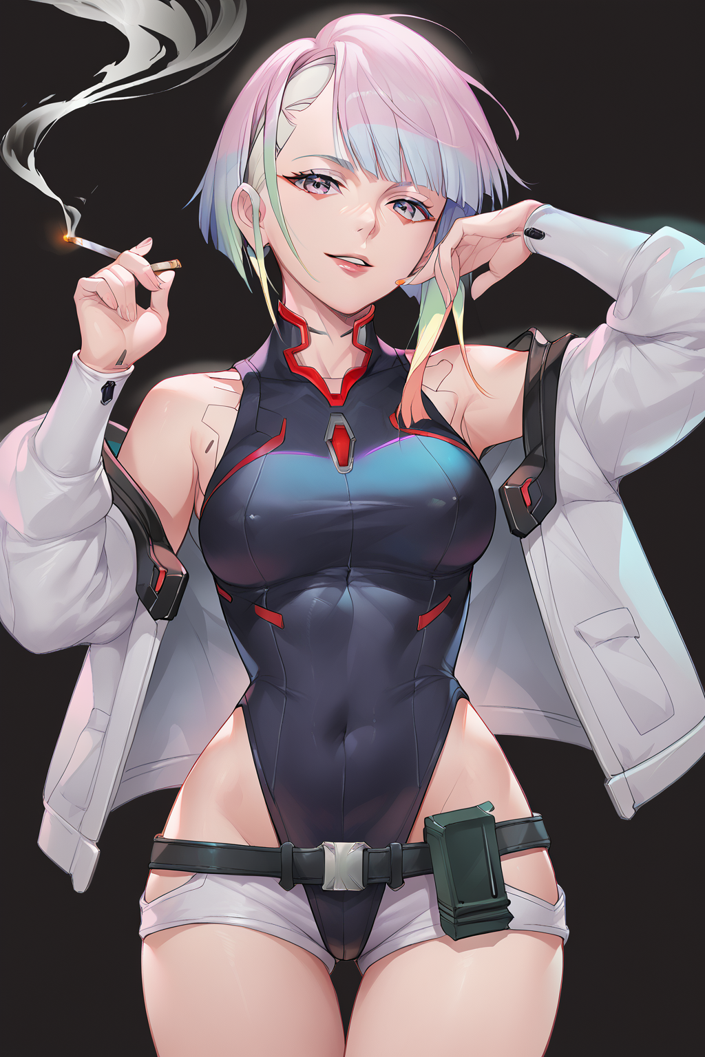 score_9,score_8_up,score_7_up,
<lora:Lucy_Pony:1>,
lucyna,fanart,art style: official art,1girl,lucy,(cyberpunk),solo,black background,breasts,jacket,cigarette,holding cigarette,smoke,looking at viewer,leotard,thigh gap,multicolored hair,holding,open clothes,colorful,bangs,bare shoulders,hip vent,short hair,open jacket,smoking,smile,medium breasts,simple background,shorts,covered navel,white hair,off shoulder,bodysuit,belt,black leotard,highleg leotard,long sleeves,parted lips,white jacket,