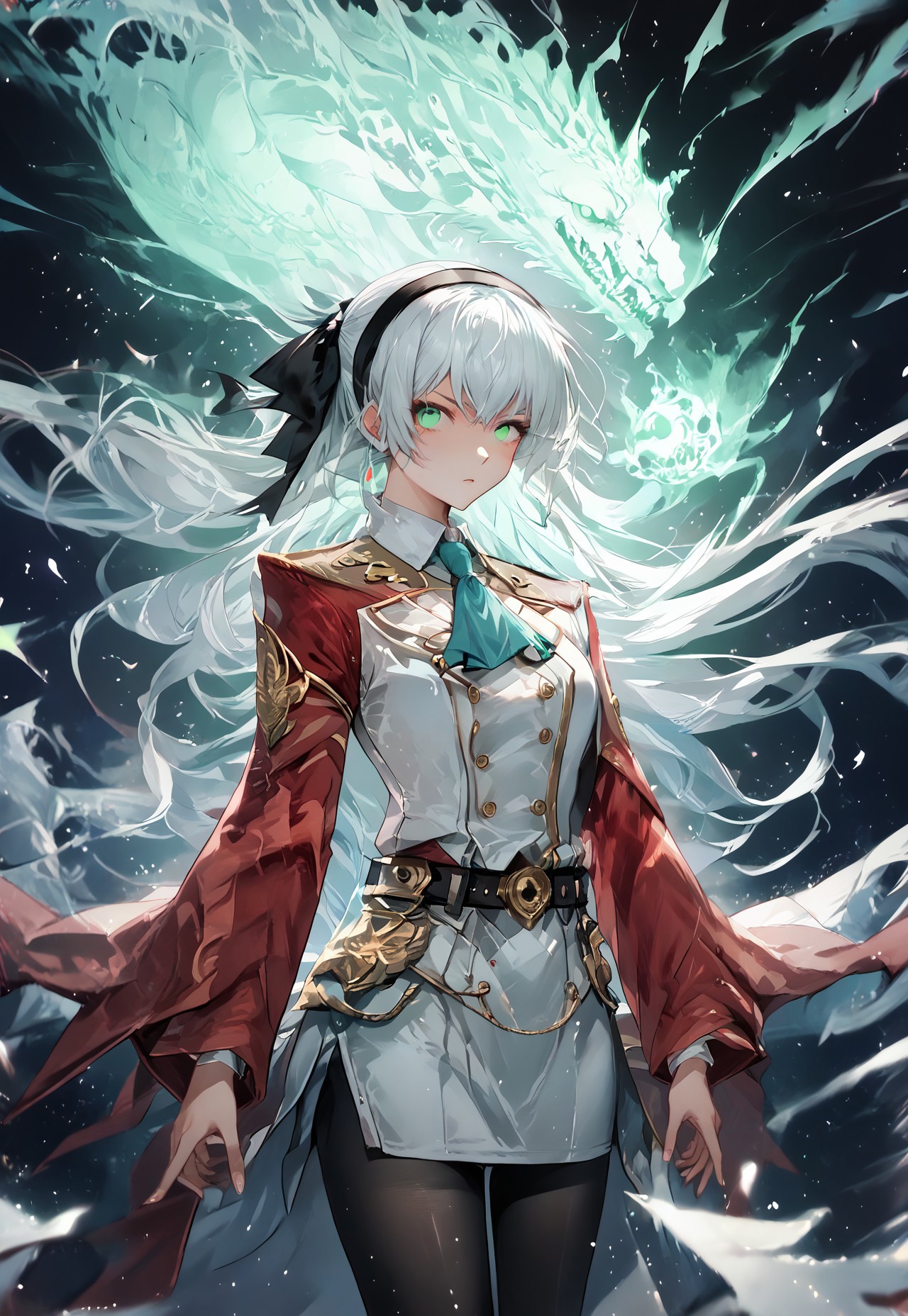 zPDXL2, score_9_up, score_8_up, score_7_up, (Anime_source), high detail face, best quality, absurd res, 1girl, zeroElie, green eyes, black hairband, hair ribbon, long hair, ascot, uniform, long red sleeves, white dress, pencil skirt, belt, black pantyhose, white boots, spirit, white theme, white aura, particles, cowboy shot, floating hair, looking at viewer, easynegative, negative_hand, 