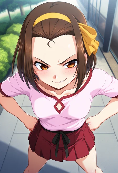 masterpiece, best quality, amazing quality, 1girl, solo, misaoww, brown eyes, brown hair, short hair, forehead, yellow ribbon, yellow hairband, small breasts, wedding ring, casual, collarbone, pink shirt, red skirt, <lora:Matsumori_Misao_Tonarizuma2_ill:0.9>, standing, hands on hips, legs apart, smirk, sharp eyes, outdoors, skindentation, detailed clothing folds, depth of field, sharp, high contrast, dynamic light