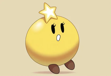 masterpiece, best quality, solo, full body, starlow, round body, yellow body, black eyes, solid oval eyes, eyelash, star above head, brown feet, star \(symbol\), white mouth, floating