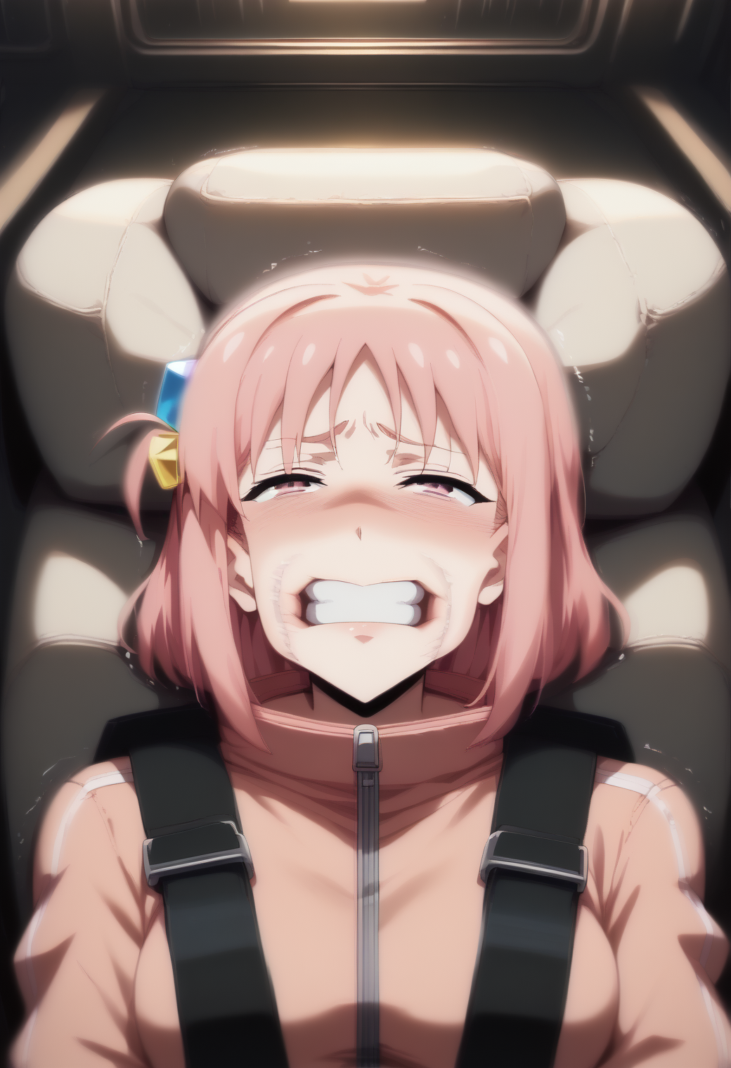 score_9,score_8_up,score_7_up,  BREAK 
1girl, (gotoh hitori:1.2), bocchi the rock!, pink hair, thumbs up,pink jacket, looking at viewer, straight-on, upper body, (gf0rc3xl:1.4), (reclining:1.2), cockpit, seatbelt harness, dark room, pilot chair, solo, on back, (laboratory outside cockpit window:1.4), (half-closed eyes:1.2), trembling, clenched teeth, head back, (cheek bulge:0.9), (cushion:1.1), (stretched lips, stretched cheeks:0.8), (speed lines, motion blur:1.8), <lora:2024-06-02_17-06-55-save-920-10-0:1.1>  <lora:Anime_Screencap:1> <lora:scenery_PonyXL_v01:1>