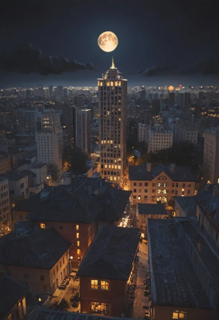 Score_9, score_8_up, score_7_up, score_6_up, zPDXL3, medium shot, BREAK, realistic,hyperrealism,ornate,studio photograph, model_building, model_kit_(medium), M1n14tur3 city skyline, solo monster (kaijuu macrogts, lateral pose) walking behind city skyline, plastic buildings, forced perspective, redsky, black clouds, yellow full moon, blurry background, building, outdoors, night, model city, plastic buildings, plastic, model buildings, toy buildings, mini\(ttp\),
