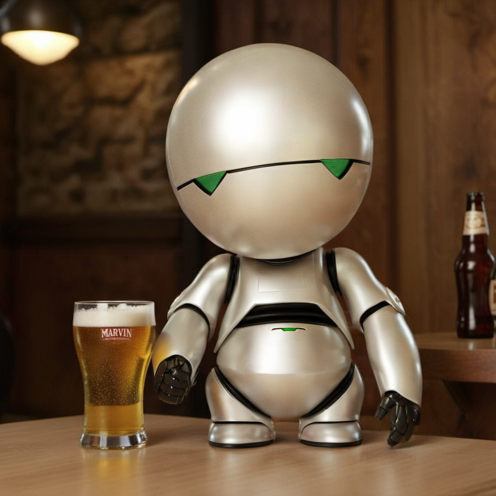 Marvin1024, a depressed robot drinking a beer alone in a pub, features intricate detail, detailed eyes, highly detailed, photography, ultra sharp, film, bokeh, professional, 4k    <lora:add-detail-xl:2> <lora:Marvin1024:0.8>