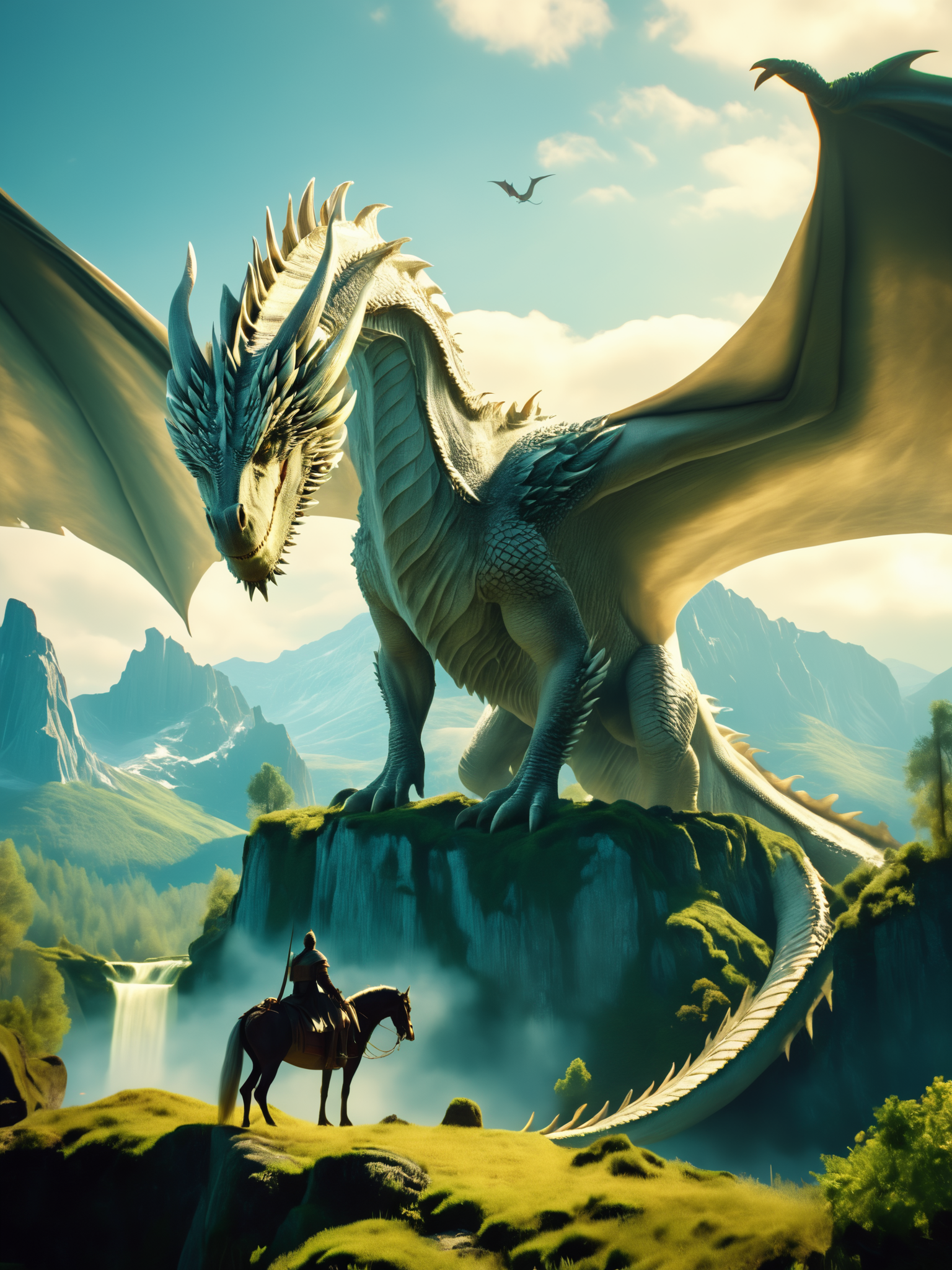 cinematic film still CG Dragon,describe this image in a very detailed manner. a solitary figure on a horse stands in contemplation before a towering white dragon,its wings outstretched over a verdant landscape. the dragon's presence is a silent testament to the power and majesty of the fantasy realm,while the surrounding castles and mountains hint at a rich history. the scene is bathed in a soft,natural light that enhances the serene and mystical atmosphere,inviting the viewer into a world of fantasy and wonder.,<lora:CG Dragon World-000009:1>, . shallow depth of field, vignette, highly detailed, high budget, bokeh, cinemascope, moody, epic, gorgeous, film grain, grainy
