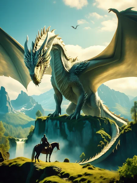 cinematic film still CG Dragon,describe this image in a very detailed manner. a solitary figure on a horse stands in contemplation before a towering white dragon,its wings outstretched over a verdant landscape. the dragon's presence is a silent testament to the power and majesty of the fantasy realm,while the surrounding castles and mountains hint at a rich history. the scene is bathed in a soft,natural light that enhances the serene and mystical atmosphere,inviting the viewer into a world of fantasy and wonder.,<lora:CG Dragon World-000009:1>, . shallow depth of field, vignette, highly detailed, high budget, bokeh, cinemascope, moody, epic, gorgeous, film grain, grainy
