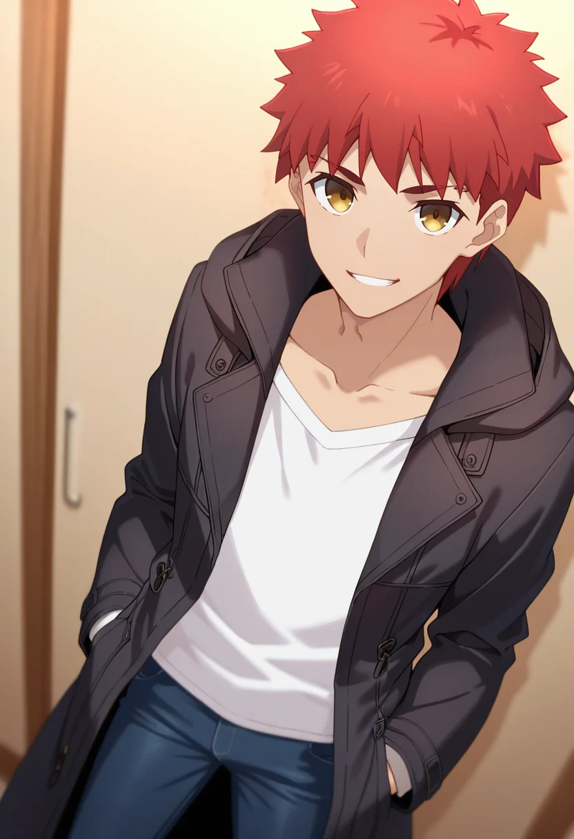 masterpiece, best quality, amazing quality,high resolution, intricate details,depth of field , , , 1boy, solo, male focus, <lora:Shirou_Emiya:0.82>, shirou emiya, red hair, yellow eyes, short hair, white shirt, looking at viewer, smile,mouth open, white shirt, long sleeves, collarbone,black coat,  pants, jeans, pose