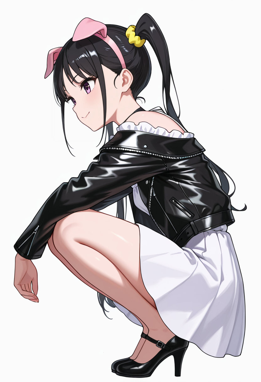 Smooth Quality,masterpiece,very intricate, high quality details, ultra realistic, high detailed skin,detailed enviorement,absurdres,
 <lora:Hiiragi_Yume_Yumechi_CNR:1> hiiragi_cnr, black hair, long hair, twintails, purple eyes,fake animal ears, pig ears,, simple background, white background, from side,solo,
squatting position, heels down, elbows resting on knees, hands dangling  ,, :>,, off-shoulder blouse,  ,leather jacket,  ,tulip skirt,  ,