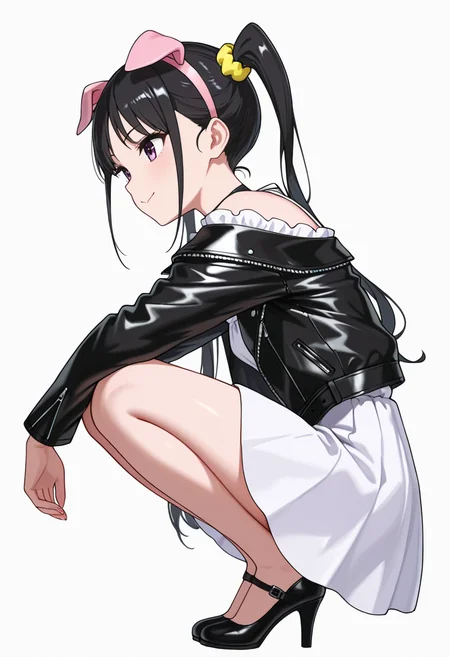 Smooth Quality,masterpiece,very intricate, high quality details, ultra realistic, high detailed skin,detailed enviorement,absurdres,
<lora:Hiiragi_Yume_Yumechi_CNR:1> hiiragi_cnr, black hair, long hair, twintails, purple eyes,fake animal ears, pig ears,, simple background, white background, from side,solo,
squatting position, heels down, elbows resting on knees, hands dangling ,, :>,, off-shoulder blouse, ,leather jacket, ,tulip skirt, ,