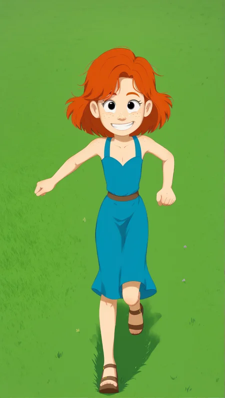 ((score_9)), score_8_up, score_7_up, ((masterpiece)), ((high quality)), zPDXL3, BREAK
 Padoga style, 1girl, blue dress, looking at viewer, running, redhead, freckles,  short torso, cute, grassy field, smiling<lora:Padoga_style:1>