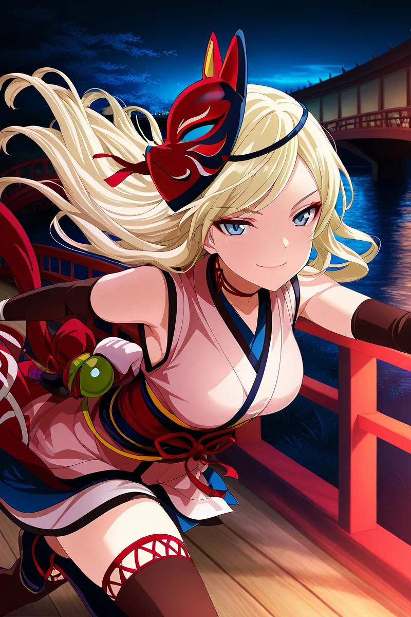 masterpiece, best quality, amazing quality,
<lora:Fumi_IL:1> fumi, 1girl, mask, solo, long hair, blonde hair, mask on head, thighhighs, blue eyes, japanese clothes, sleeveless kimono, ninja, fox mask, breasts, floating hair, looking at viewer, medium breasts, closed mouth, smile, running, kimono, bridge, detached sleeves, night, bangs,