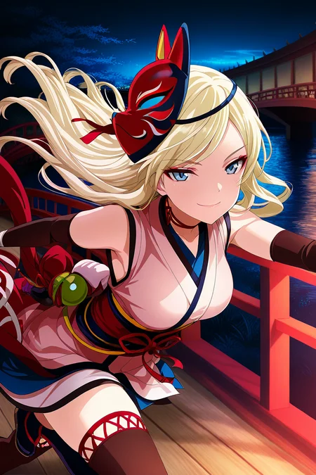 masterpiece, best quality, amazing quality,
<lora:Fumi_IL:1> fumi, 1girl, mask, solo, long hair, blonde hair, mask on head, thighhighs, blue eyes, japanese clothes, sleeveless kimono, ninja, fox mask, breasts, floating hair, looking at viewer, medium breasts, closed mouth, smile, running, kimono, bridge, detached sleeves, night, bangs,