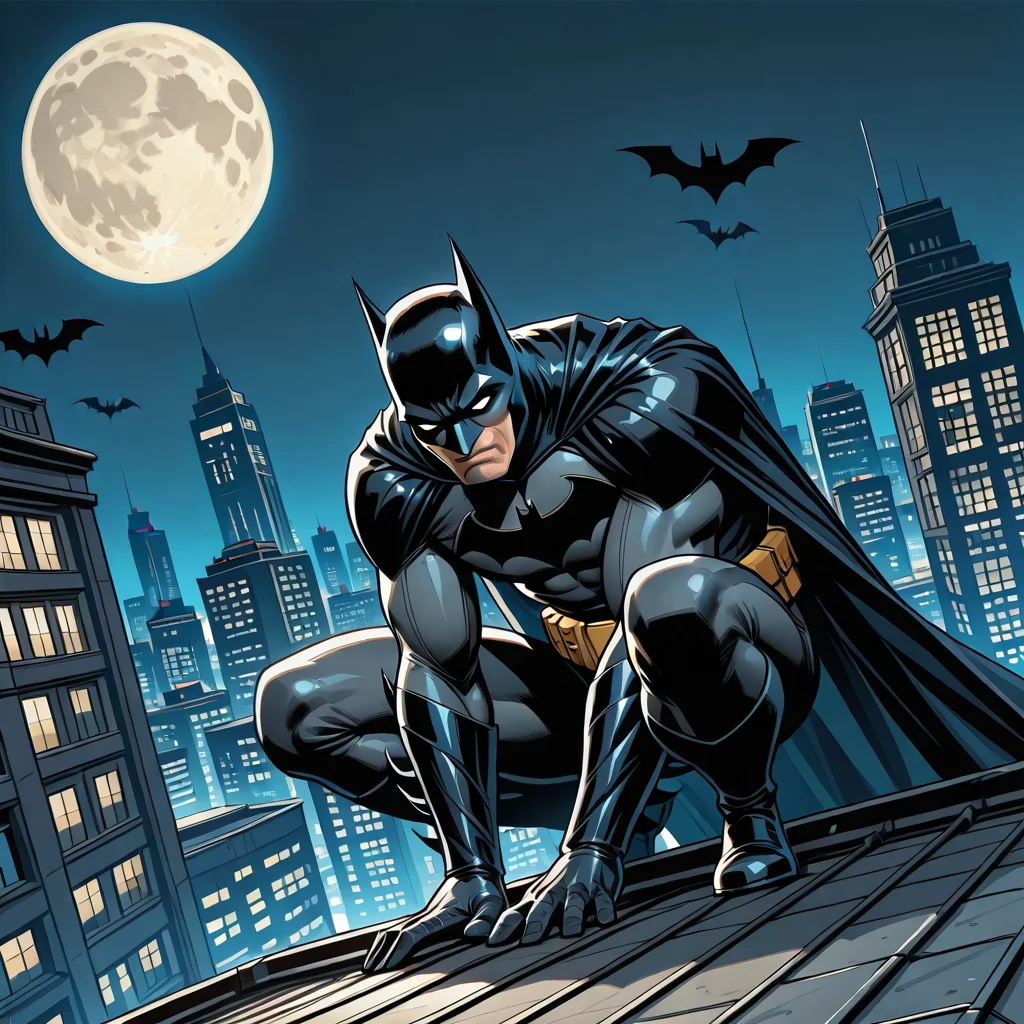<lora:Batman_-_IO_Illustrious:0.7>,1boy,Batman,cowl,cape,batsuit,white eyes,blank eyes,crouching,on a rooftop,night scene,in front of the Gotham City skyline,moon,bats,