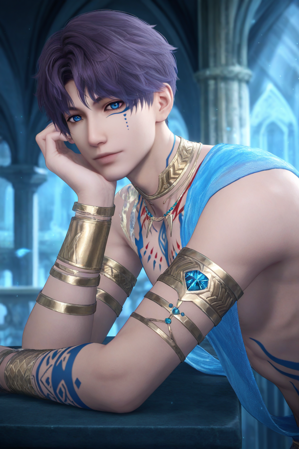 <lora:rafayel-NAI:0.7>,Rafayel, 1boy, male focus, solo, short hair, looking at viewer, jewelry, blurry, necklace, tattoo, from side, blurry background, god of the tides, armlet, against railing, head rest, purple hair, yaoi,bara,male focus,very awa,masterpiece,best quality,amazing quality,nsfw,uncersored,highres,best quality,amazing quality,best aesthetic,absurdres,
