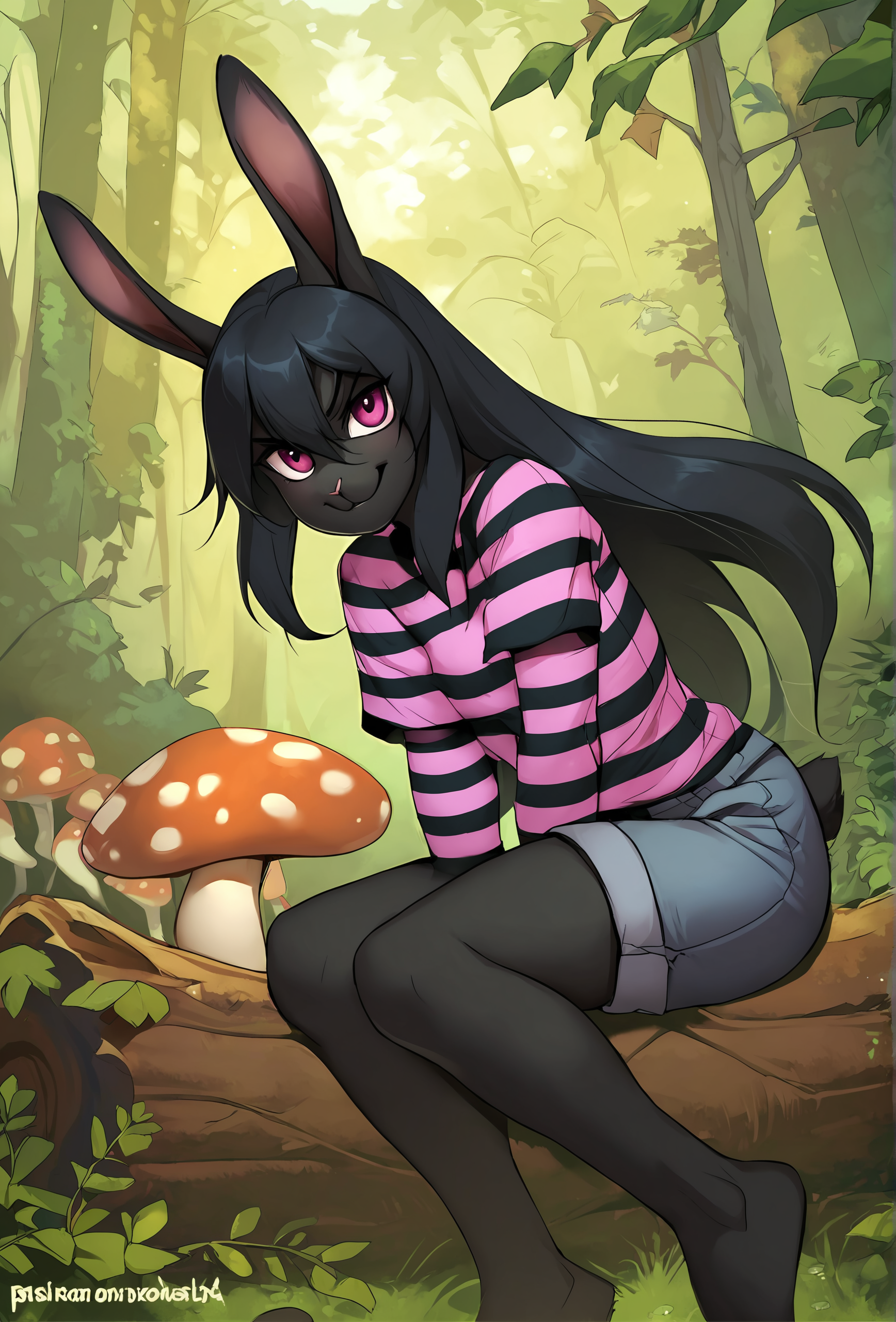 score_9, score_8_up, score_7_up, score_6_up, score_5_up, score_4_up, outdoors, forest, log, source_furry BREAK
 <lora:iskra_style_ponyXL_v1:1> iskrastyle, 1girl, solo, rabbit girl, black hair, black fur, black skin, pink eyes, long hair, hair between eyes, sidelocks, black shirt, striped shirt, t-shirt, shorts, smile, mushroom, v-shaped eyebrows, looking at viewer,