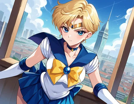score_9, score_8_up, score_7_up, source_anime,
sailoruranus, <lora:sailor-uranus-ponyxl-lora-nochekaiser:1>
sailor uranus, blonde hair, blue eyes, parted bangs, short hair, very short hair,
back bow, blue bow, blue choker, blue gemstone, blue sailor collar, blue skirt, bow, bowtie, choker, circlet, earrings, elbow gloves, gem, gloves, jewelry, miniskirt, pleated skirt, sailor collar, shirt, short sleeves, skirt, white gloves, white shirt, yellow bow, yellow bowtie,
outdoors, cityscape, bent over,
looking at viewer, cowboy shot, dutch angle,