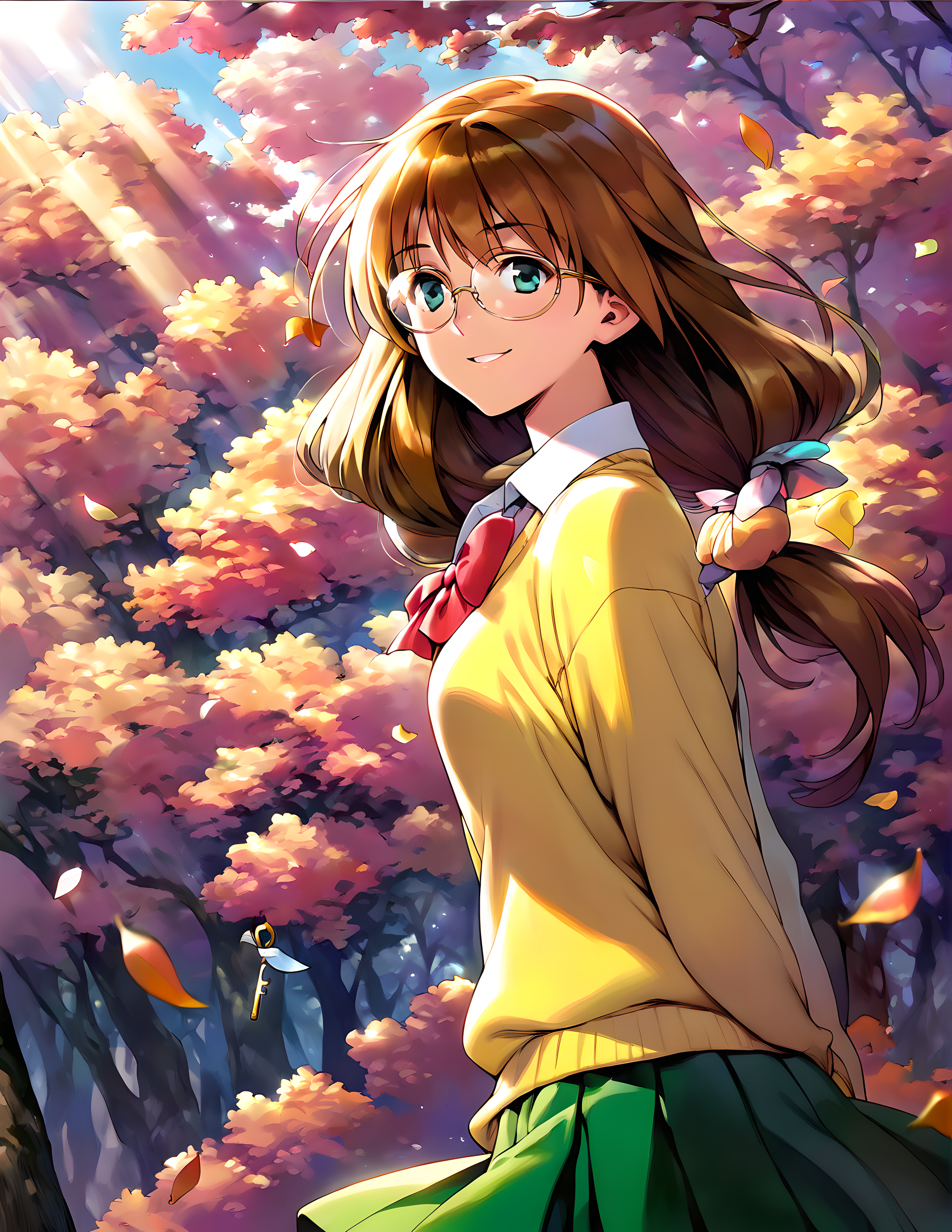 <lora:pony_xl_kaori:0.8>,kaori,score_9,score_8_up,score_7_up,source_anime,1girl,solo,glasses,hair_ribbon,school_uniform,yellow sweater,collared_shirt,bowtie,pleated skirt,day,nature,grove,the dappled sunlight that filters through the leaves of trees,sunny weather writing,key light,lens_flare,smile,gentle smile,hair fluttering in the wind,standing,arms_behind_back,looking_back,