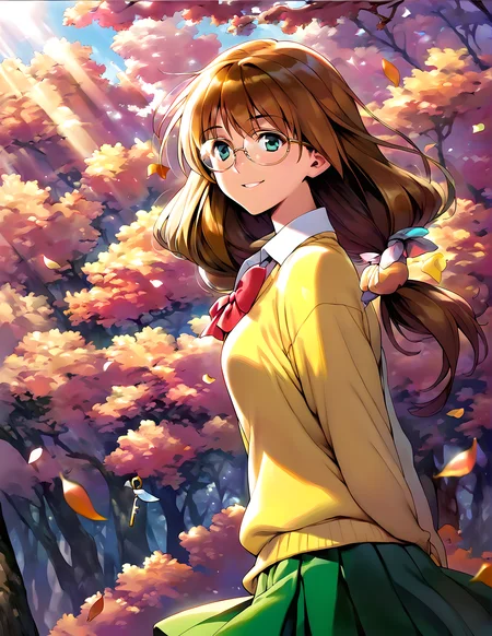<lora:pony_xl_kaori:0.8>,kaori,score_9,score_8_up,score_7_up,source_anime,1girl,solo,glasses,hair_ribbon,school_uniform,yellow sweater,collared_shirt,bowtie,pleated skirt,day,nature,grove,the dappled sunlight that filters through the leaves of trees,sunny weather writing,key light,lens_flare,smile,gentle smile,hair fluttering in the wind,standing,arms_behind_back,looking_back,