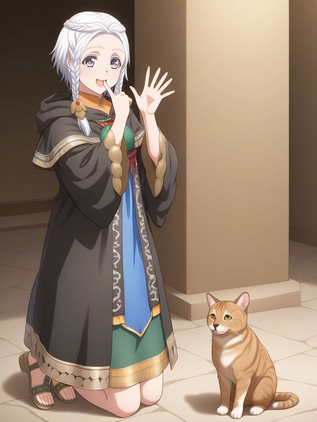perfect quality,best quality,absolutely eye-catching,ambient occlusion,raytracing BREAK
1girl,<lora:amina IL v1.1:0.8>,amina,braid,white hair,black cloak,dress,sandals,national costume,, panorama,macro_shot,on_side,finger_in_mouth,waving,kneeling,