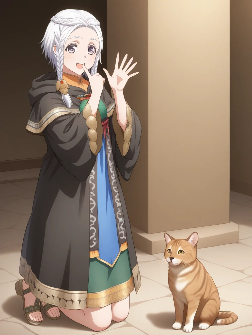 perfect quality,best quality,absolutely eye-catching,ambient occlusion,raytracing BREAK
1girl,<lora:amina IL v1.1:0.8>,amina,braid,white hair,black cloak,dress,sandals,national costume,, panorama,macro_shot,on_side,finger_in_mouth,waving,kneeling,