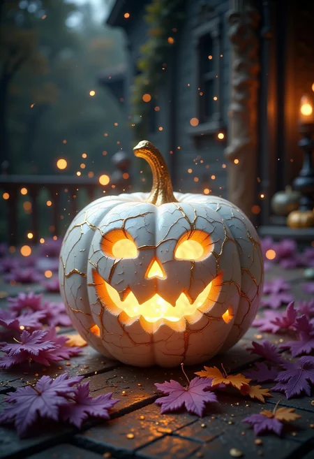 "Create a photorealistic image of a traditional white Jack-O-Lantern on a rustic porch, surrounded by a scattering of vibrant purple oak leaves. The pumpkin's skin is smooth and creamy, with a subtle sheen that catches the light. Golden cracks radiate from the carved face, glowing with a warm, soft light that seems to emanate from within. The cracks are delicate and intricate, with a subtle texture that suggests the pumpkin's fragility. The porch beneath is weathered and worn, with a subtle patina that adds to the autumnal atmosphere. The lighting is soft and warm, with a gentle glow that highlights the pumpkin's glowing cracks and the vibrant colors of the surrounding leaves." golden cracks on white, highest-Quality, 8 k, intricate details, visually stunning, Masterpiece