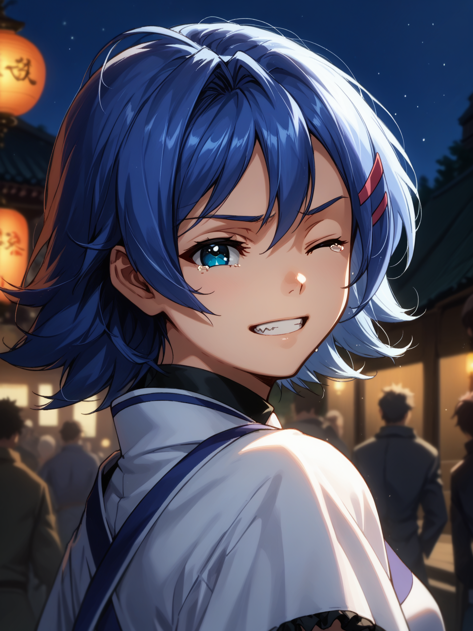 (upper body, solo focus:1.2) <lora:happy_tentacle-junko-v0.2:1>, ht_junko, blue hair, blue eyes, (petite:1.2), <lora:Shed_The_Skin's StS_age_slider_v1_initial_release:-1> ( (frills :1.1) :1.1) ( , (crying with eyes open:0.8) , (wince :1.2) , grin , (looking at viewer:0.6) :1) outdoors, vegetation, ( :1.1), , (night, night sky :0.6), , ((sidelighting:0.5), (light rays, light particles:0.5) :0.5), (people:1.2) , (east asian architecture :0.9), (mount fuji :1.2) (( from side :1.2) :0.8) score_9, score_8_up, score_7_up, score_6_up, score_5_up, score_4_up, ( [(realistic, photorealistic:1.3):(realistic:1.2):14] [(3d:1.2)::12] [:anime coloring:10] :1) <lora:LUUNA's Lunas-NijiJourney-SDXL-B2:0.35>, nijijourney <lora:prgfrg23's Counterfeit-V3.0 Style SDXL_LoRA_Pony Diffusion V6 XL:0.6> <lora:mfcg's mfcgXL:0.12> <lora:reweik's gyokai(himehajime)_PonyXL_style_v01:0.14>