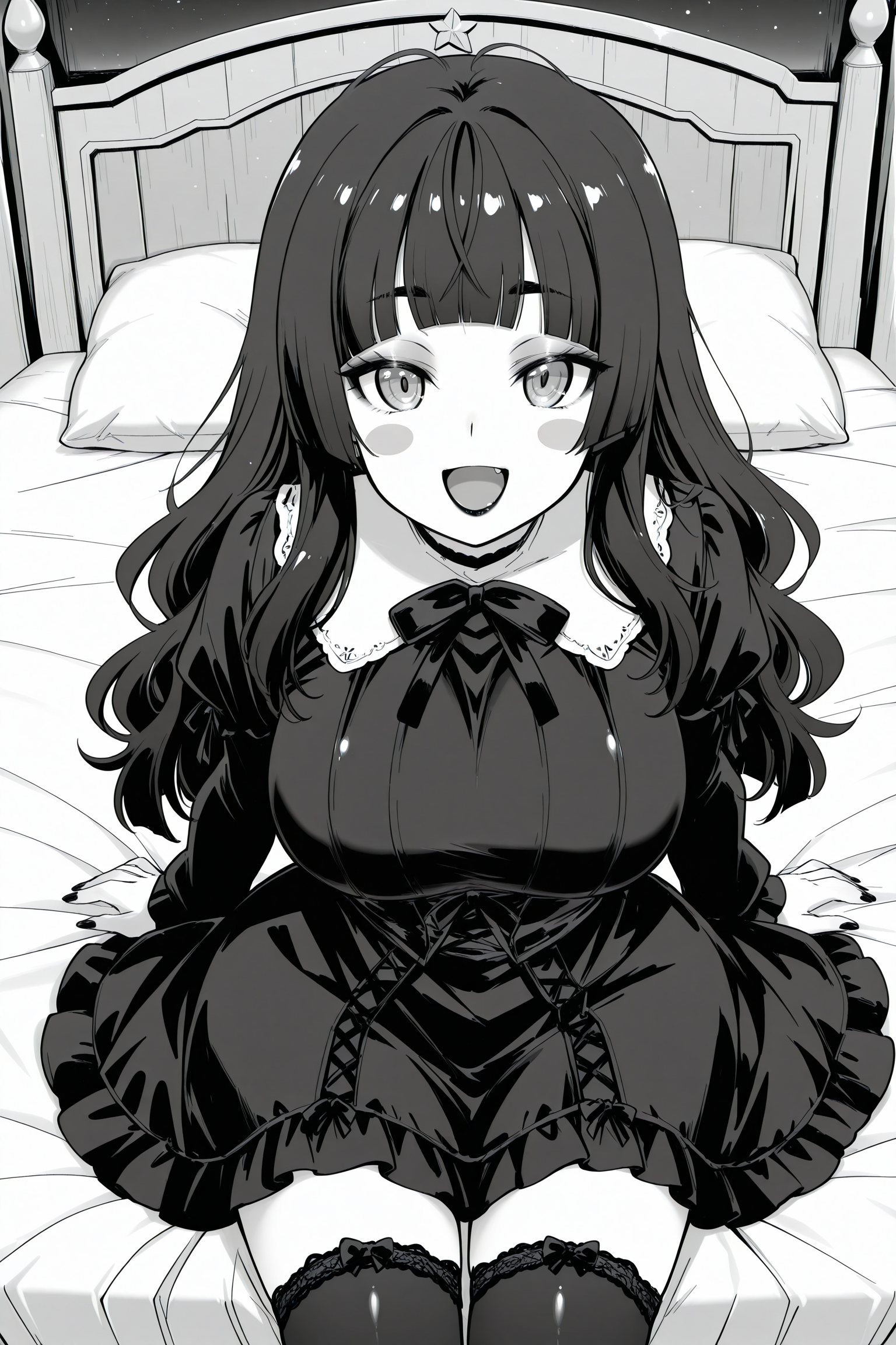 anime screencap, anime coloring, detailed face, masterpiece, best quality, very aesthetic, absurdres, volumetric lighting, official style, amazing quality, ultra detailed, highres, amazing quality, scenery, beautiful detailed hair, beautiful detailed eyes,
<lora:StS-Illustrious-Detail-Slider-v1.0:4>
on a fancy bed,
<lora:Emi_Erokuro_MetalchromeXs_official_mascot_character_-_V2:.8>
 <lora:Tamarun_artist_style:0.8>
Emi Erokuro (character),the girl is 22 years old, 1girl, solo,  black hair, black eyebrows, black blush stickers, large breasts, long hair, wavy hair, hair down, bangs, hime cut, gothic clothing, gothic dress, black stockings, eyeshadow, black lipstick, black fingernails, :D, looking at the viewer,
greyscale, manga illustration