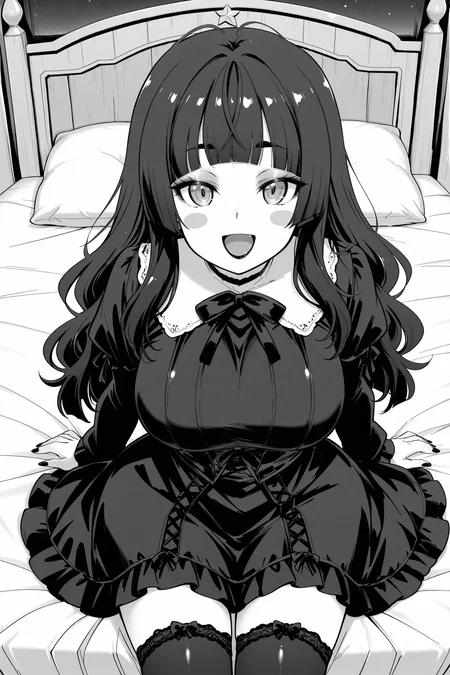 anime screencap, anime coloring, detailed face, masterpiece, best quality, very aesthetic, absurdres, volumetric lighting, official style, amazing quality, ultra detailed, highres, amazing quality, scenery, beautiful detailed hair, beautiful detailed eyes,
<lora:StS-Illustrious-Detail-Slider-v1.0:4>
on a fancy bed,
<lora:Emi_Erokuro_MetalchromeXs_official_mascot_character_-_V2:.8>
<lora:Tamarun_artist_style:0.8>
Emi Erokuro (character),the girl is 22 years old, 1girl, solo, black hair, black eyebrows, black blush stickers, large breasts, long hair, wavy hair, hair down, bangs, hime cut, gothic clothing, gothic dress, black stockings, eyeshadow, black lipstick, black fingernails, :D, looking at the viewer,
greyscale, manga illustration