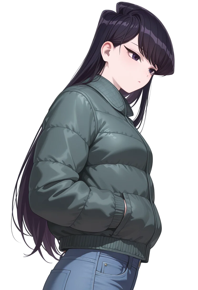 Smooth Quality,masterpiece,very intricate, high quality details, ultra realistic, high detailed skin,detailed enviorement,
simple background, white background,from side,;<,
jeans, ,qipao top, ,puffer jacket, , <lora:Komi_Shouko_cnn:0.8> komi shouko, 1girl,black hair, long hair, bangs, purple eyes,