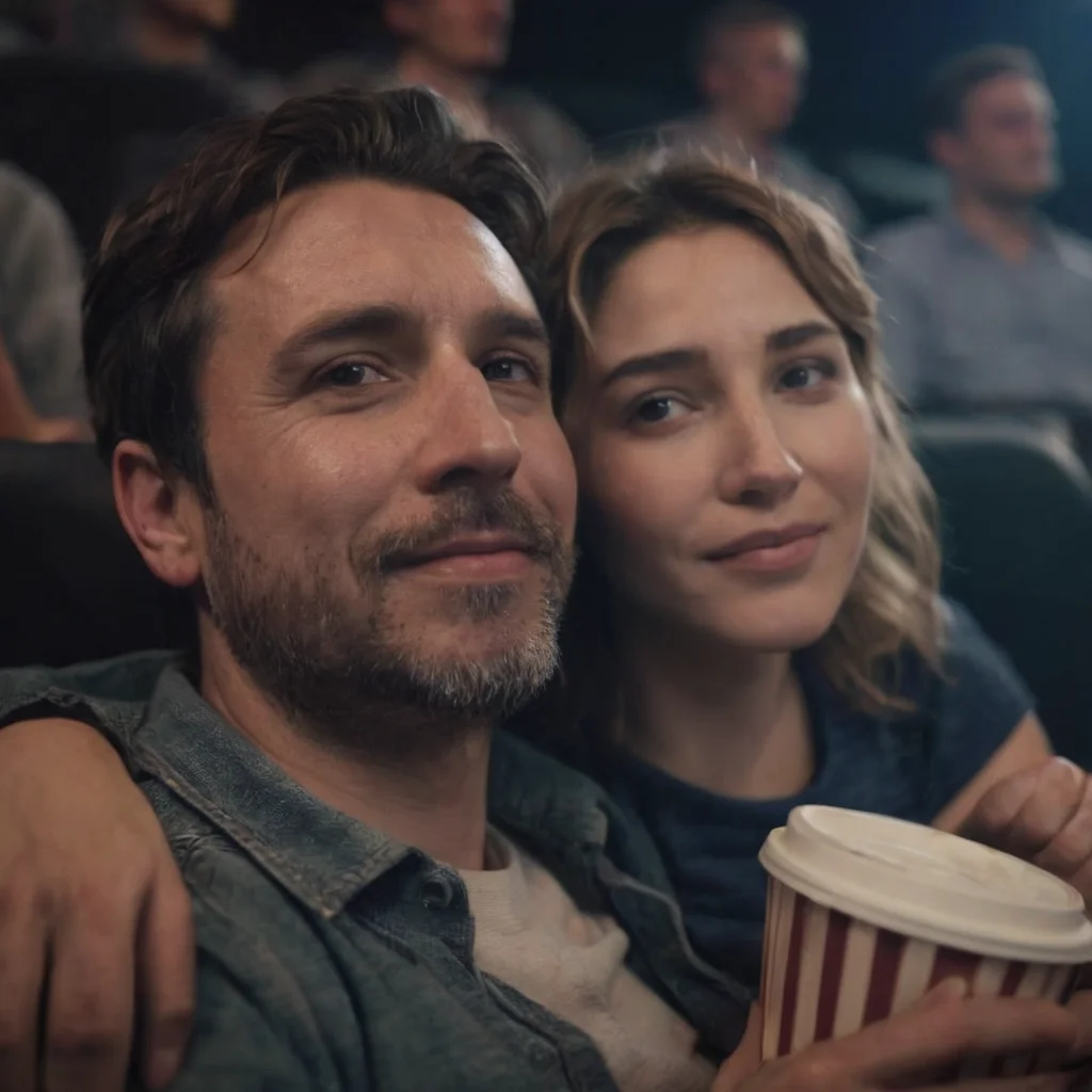 photograph close up portrait of Embraced couple enjoying in a movie in theatre , cinematic 4k epic detailed 4k epic detailed photograph shot on kodak detailed bokeh cinematic hbo dark moody