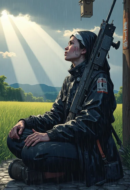 A nun with a big gun, with sad face, from the side, looking upwards to the sky, sitting by a roadside shrine in rain, rain water running down over her face, high contrast shadowing, in the background a view over a pastoral landscape. The lighting is intense, with beams of light cutting through the clouds, casting dynamic shadows across the figure’s face and clothing. The overall composition is highly complex, with rich, saturated colors and extreme detail, making every element—from the texture of the jacket to the vibrant sky—stand out with striking clarity and depth.
Sitting on the ground with knees drawn up and hands resting on them.
