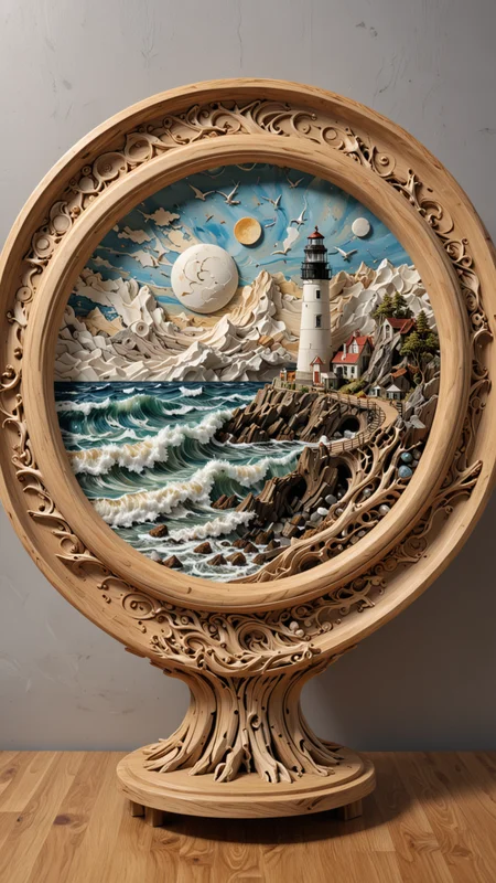 round plate on a display stand, hand Carved, 3D Seascape, abstract art, Carving, EPIC, Marbled Effect, <lora:3D_Framed_Wall_Art_-_By_DICE:0.4>, (3D Framed, Lighthouse), UHD, <lora:Driftwood_Detailed_Art_-_By_DICE:0.8> , driftwood Lighthouse, 3D